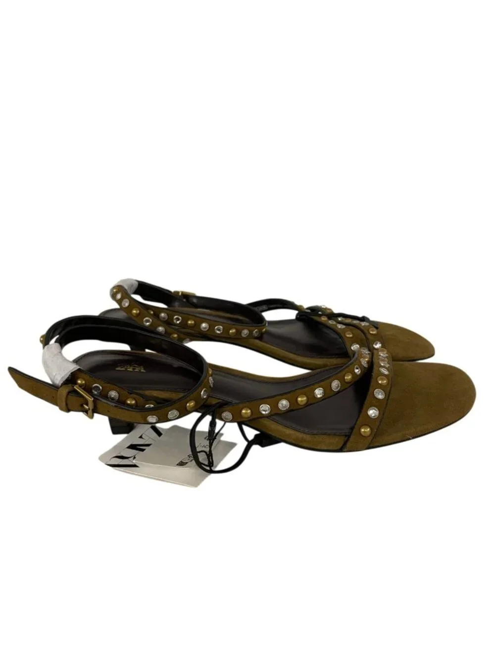 Zara Womens Suede Sandals EU 38 US 7.5 Olive Green Studded Heels 1346/610 NWOB - Picture 6 of 12